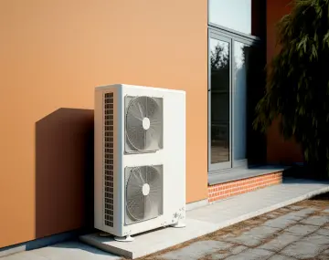 Une pompe à chaleur à énergie renouvelable devant un mur ocre