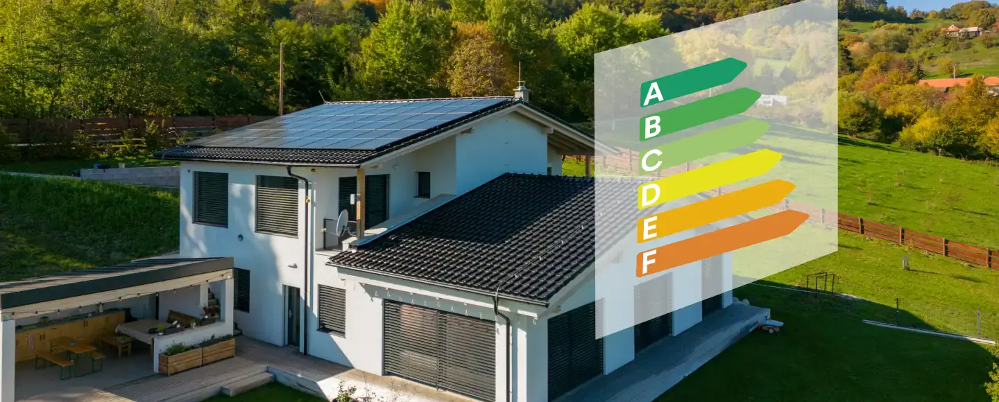 Audit énergétique obligatoire d'une maison écologique avec panneaux solaires devant un champ d'herbe verte