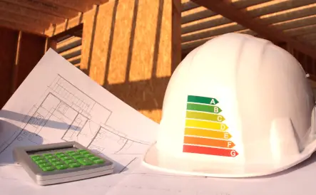 calculatrice posée sur les plan d'une maison à côté d'un casque de chantier blanc avec les classes énergétiques