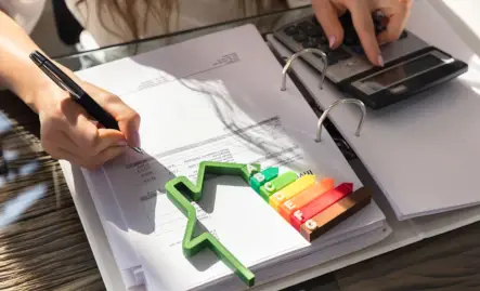 femme utilisant une calculatrice et qui écrit sur un bureau en bois avec un DPE