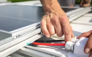 homme tenant un micro onduleur blanc d'un panneau photovoltaïque
