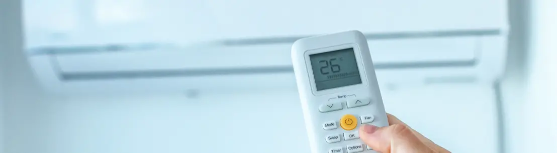 mains tenant une télécommande blanche devant une pompe à chaleur blanche accrochée sur un mur blanc