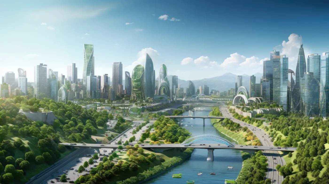 Ville futuriste verte et durable basée sur les énergues renouvelables et une industrie respectueuse de l'environnement avce des grattes-ciels et immeubles modernes