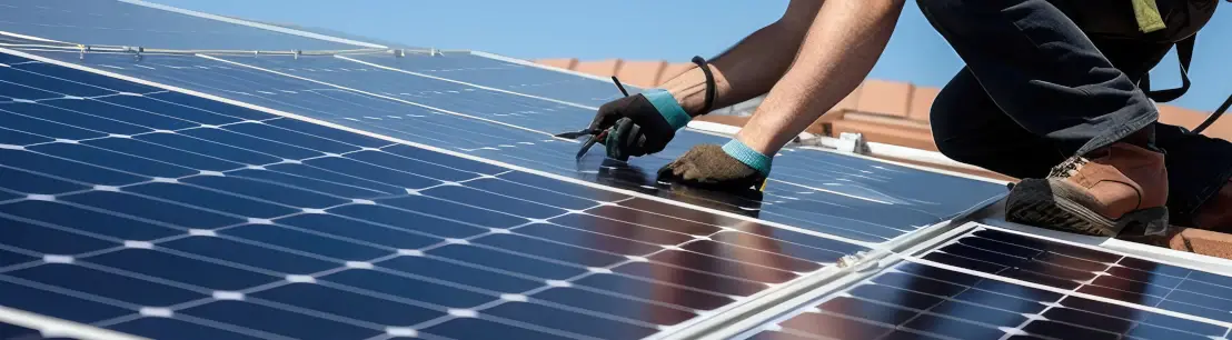 personne portant des gants qyu installe des panneaux solaires sur un toit