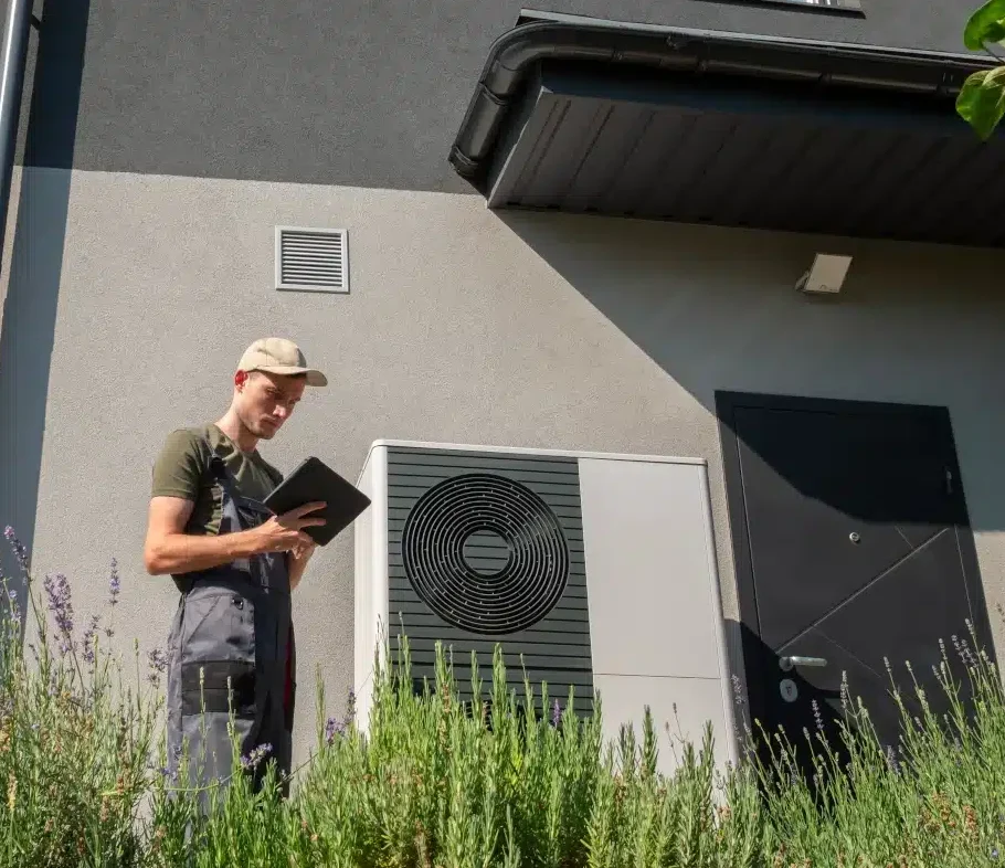Un expert devant une pompe à chaleur récemment installée